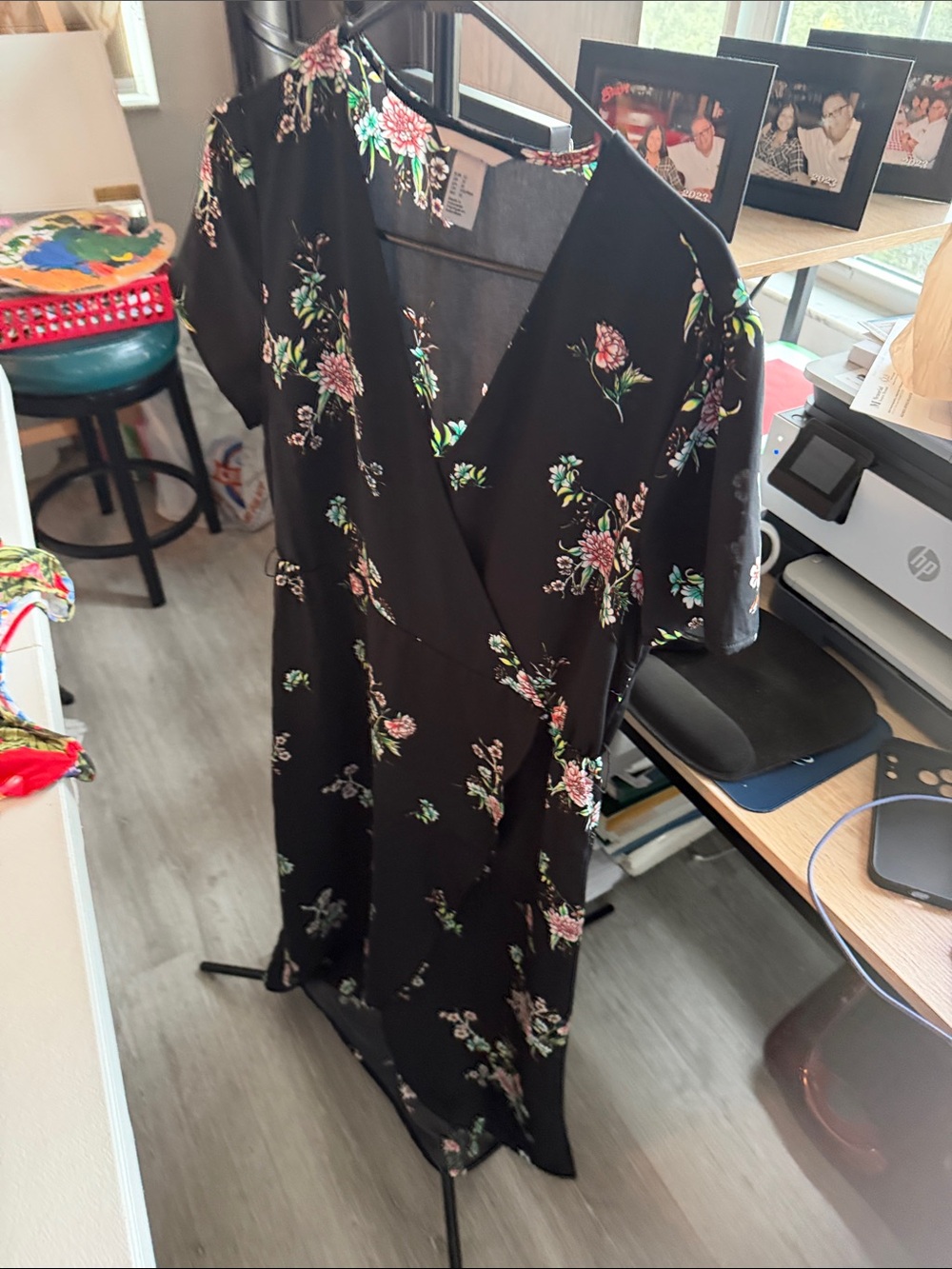 H&M Black Midi Wrap Dress with Pink and Green Floral Print - Picture 6 of 9